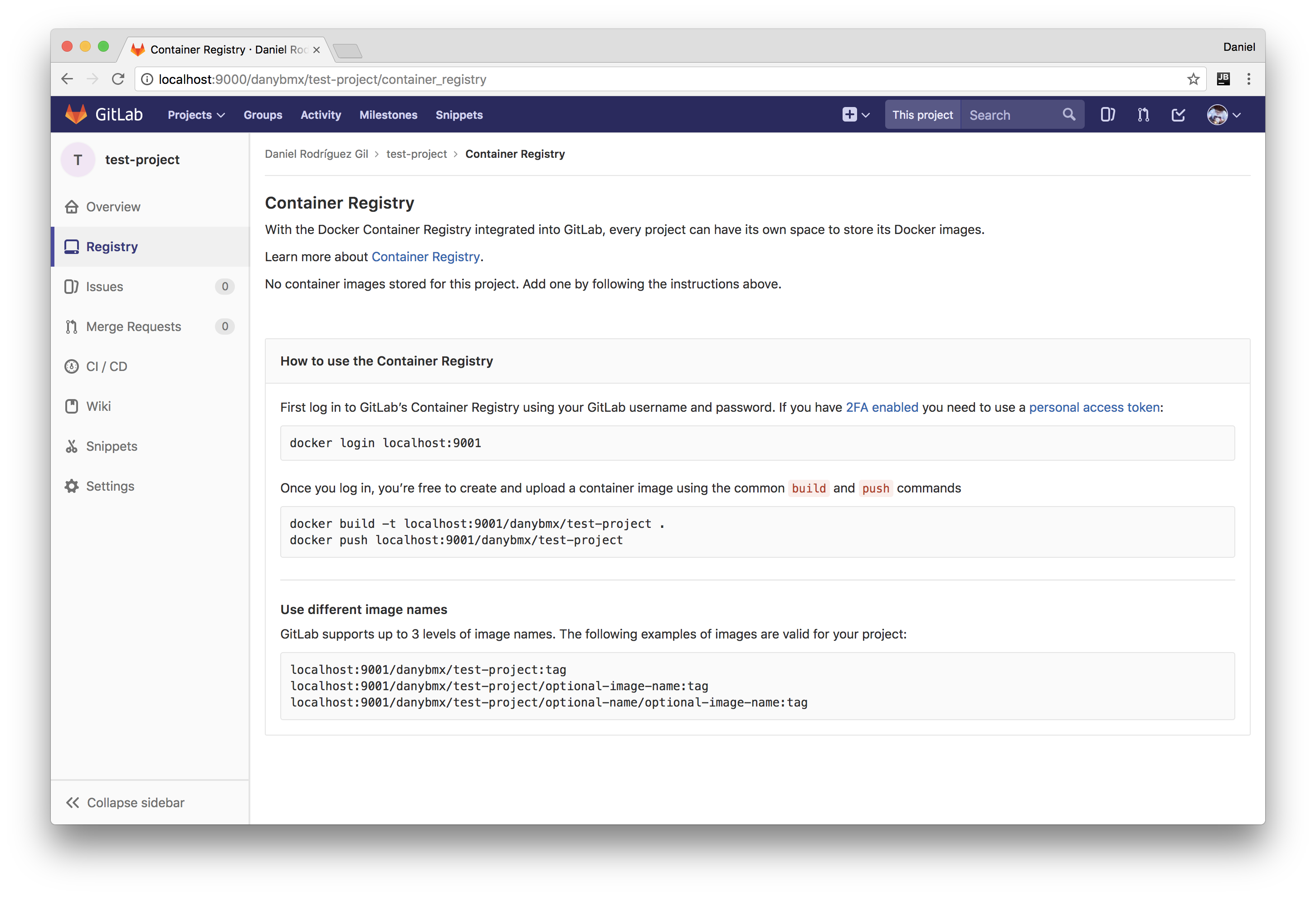 Gitlab project docker registry